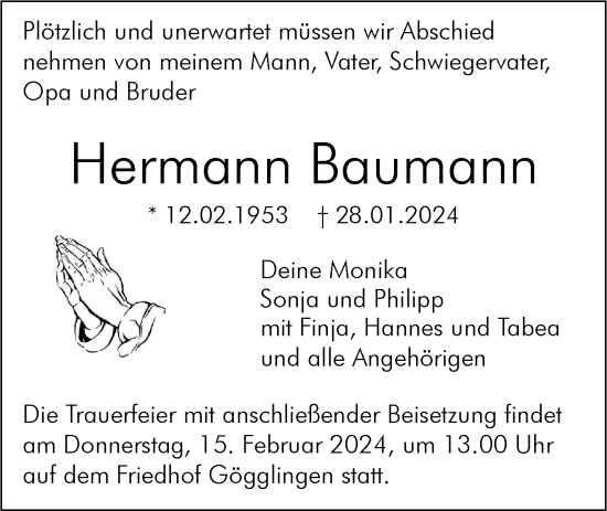 Traueranzeige von Hermann Baumann von SÜDWEST PRESSE Ausgabe Ulm/Neu-Ulm