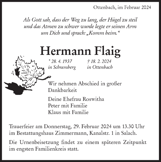 Traueranzeige von Hermann Flaig von NWZ Neue Württembergische Zeitung