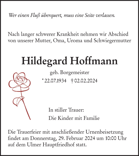 Traueranzeige von Hildegard Hoffmann von SÜDWEST PRESSE Ausgabe Ulm/Neu-Ulm