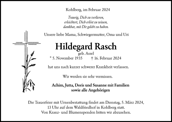 Traueranzeige von Hildegard Rasch von Alb-Bote/Metzinger-Uracher Volksblatt