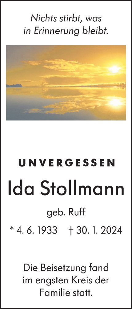 Traueranzeige von Ida Stollmann von SÜDWEST PRESSE Ausgabe Ulm/Neu-Ulm