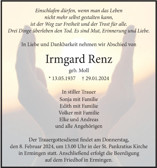 Traueranzeige von Irmgard Renz von SÜDWEST PRESSE Ausgabe Ulm/Neu-Ulm