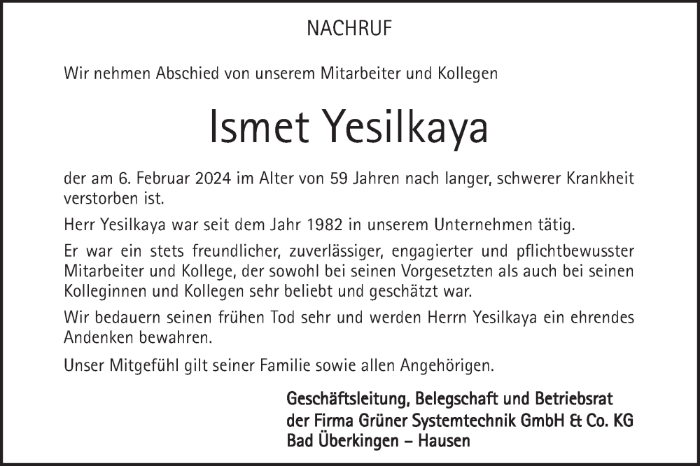  Traueranzeige für Ismet Yesilkaya vom 10.02.2024 aus Geislinger Zeitung
