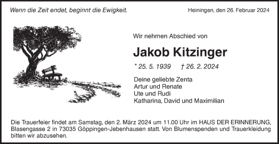 Traueranzeige von Jakob Kitzinger von NWZ Neue Württembergische Zeitung/Geislinger Zeitung