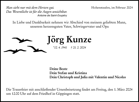 Traueranzeige von Jörg Kunze von NWZ Neue Württembergische Zeitung