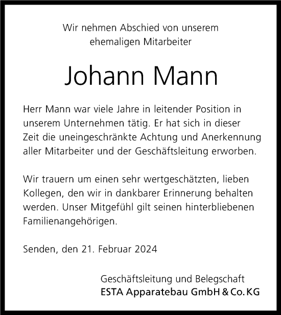 Traueranzeige von Johann Mann von SÜDWEST PRESSE Ausgabe Ulm/Neu-Ulm