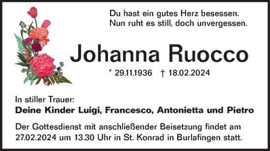 Traueranzeige von Johanna Ruocco von SÜDWEST PRESSE Ausgabe Ulm/Neu-Ulm
