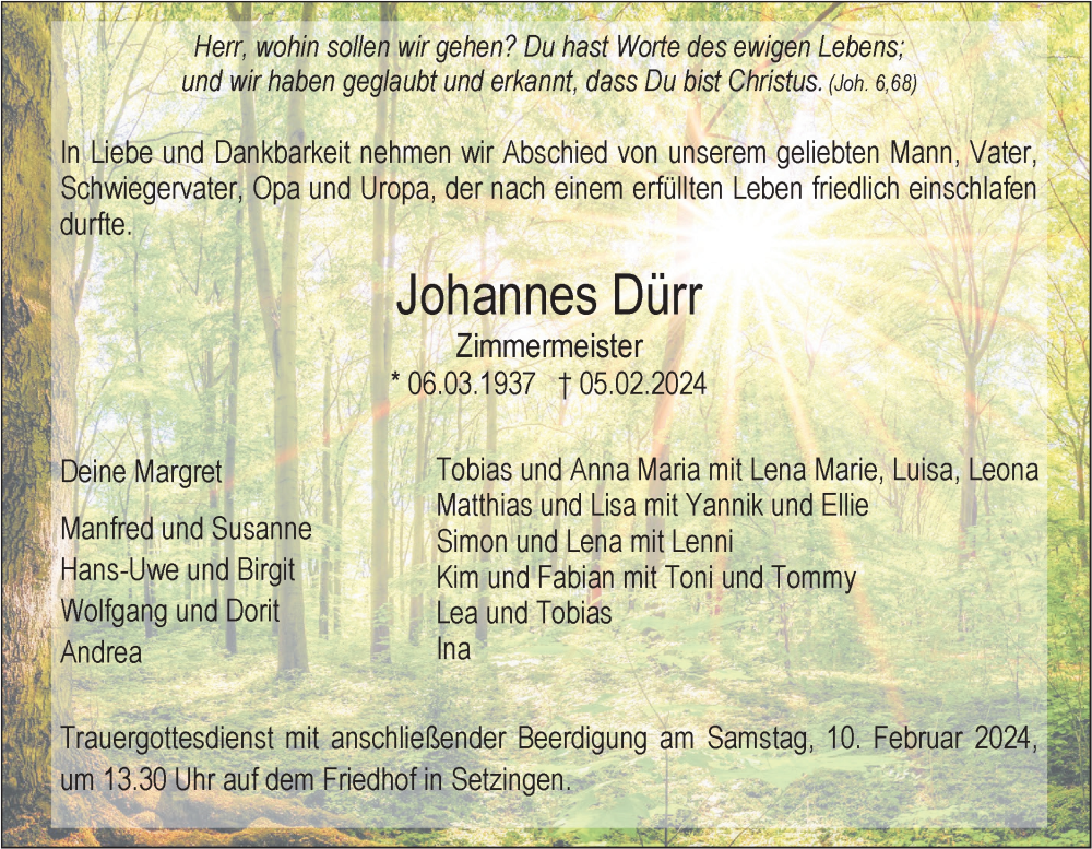  Traueranzeige für Johannes Dürr vom 08.02.2024 aus SÜDWEST PRESSE Ausgabe Ulm/Neu-Ulm