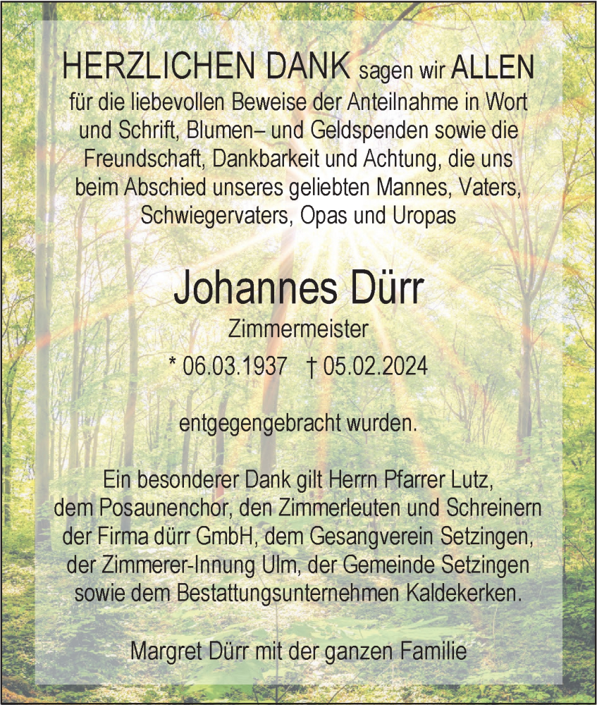  Traueranzeige für Johannes Dürr vom 23.02.2024 aus SÜDWEST PRESSE Ausgabe Ulm/Neu-Ulm