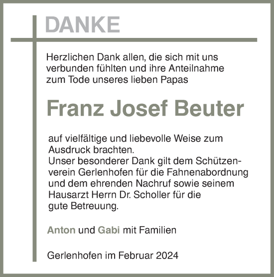 Traueranzeige von Josef Beuter von SÜDWEST PRESSE Ausgabe Ulm/Neu-Ulm