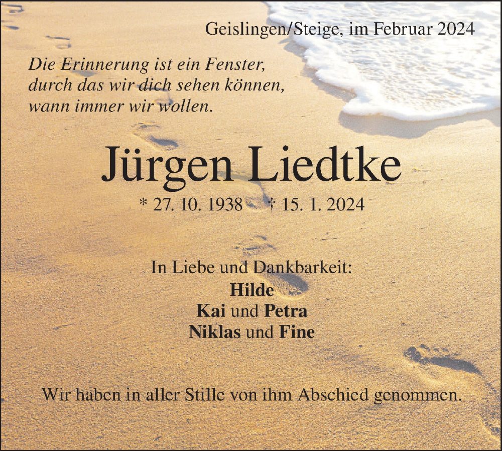  Traueranzeige für Jürgen Liedtke vom 10.02.2024 aus Geislinger Zeitung