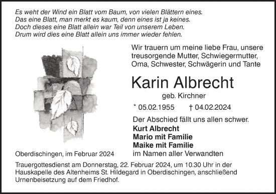 Traueranzeige von Karin Albrecht von SÜDWEST PRESSE Ausgabe Ulm/Neu-Ulm