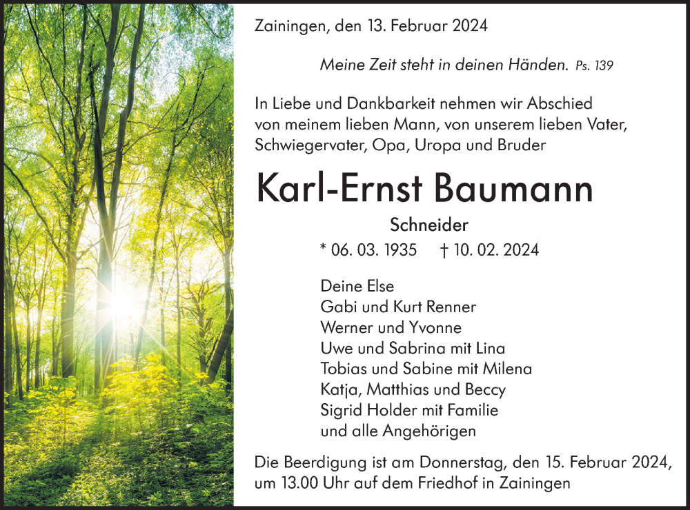  Traueranzeige für Karl-Ernst Baumann vom 13.02.2024 aus Alb-Bote/Metzinger-Uracher Volksblatt