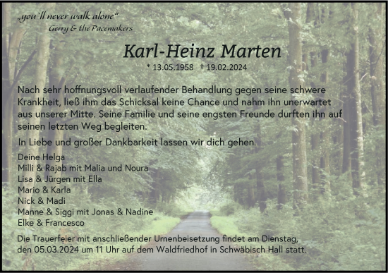 Traueranzeige von Karl-Heinz Marten von Haller Tagblatt