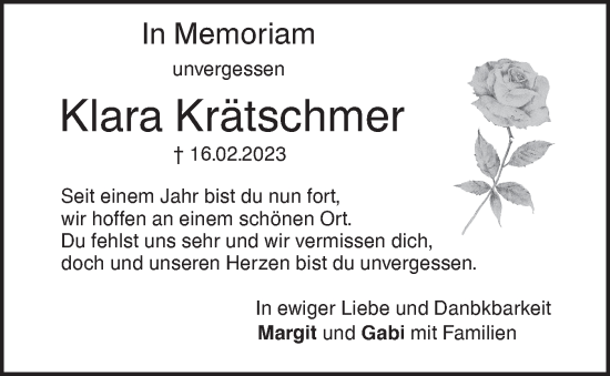 Traueranzeige von Klara Krätschmer von SÜDWEST PRESSE Ausgabe Ulm/Neu-Ulm