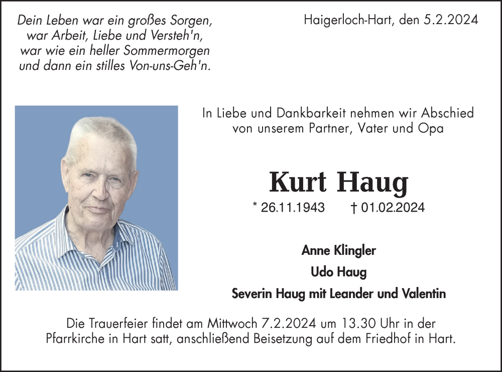  Traueranzeige für Kurt Haug vom 05.02.2024 aus Hohenzollerische Zeitung