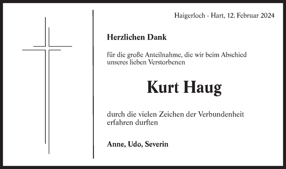  Traueranzeige für Kurt Haug vom 12.02.2024 aus Hohenzollerische Zeitung