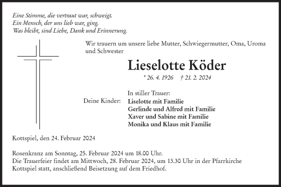 Traueranzeige von Lieselotte Köder von Haller Tagblatt