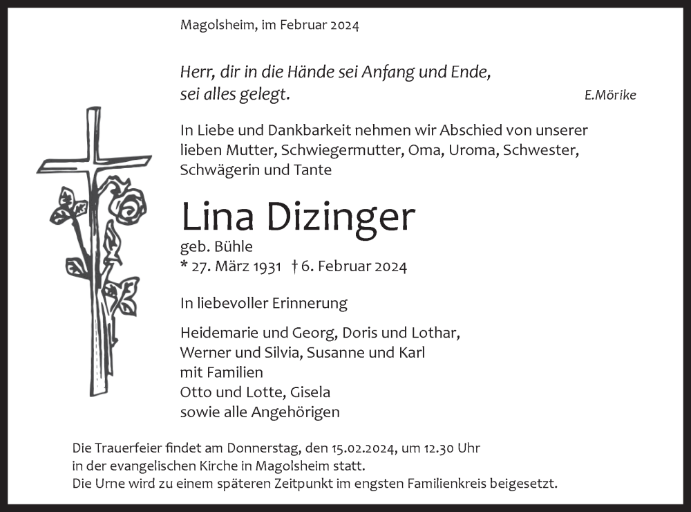  Traueranzeige für Lina Dizinger vom 12.02.2024 aus Alb-Bote/Metzinger-Uracher Volksblatt
