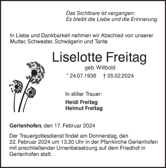 Traueranzeige von Liselotte Freitag von SÜDWEST PRESSE Ausgabe Ulm/Neu-Ulm