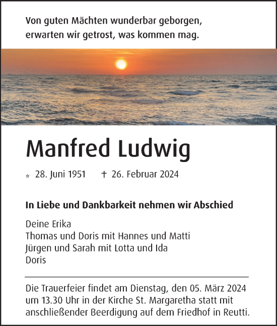 Traueranzeige von Manfred Ludwig von SÜDWEST PRESSE Ausgabe Ulm/Neu-Ulm
