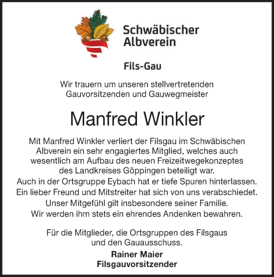 Traueranzeige von Manfred Winkler von NWZ Neue Württembergische Zeitung/Geislinger Zeitung