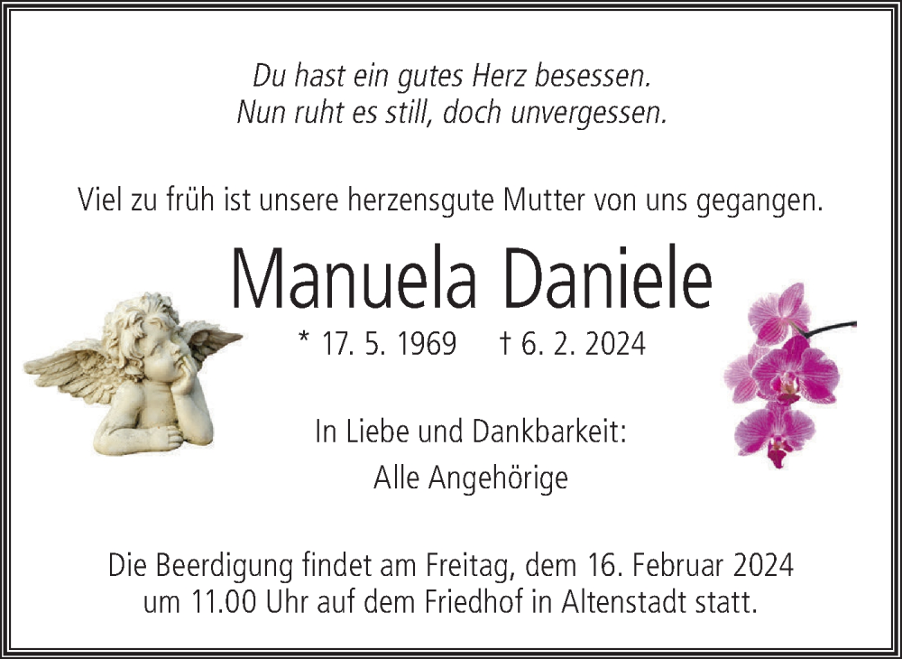  Traueranzeige für Manuela Daniele vom 13.02.2024 aus Geislinger Zeitung