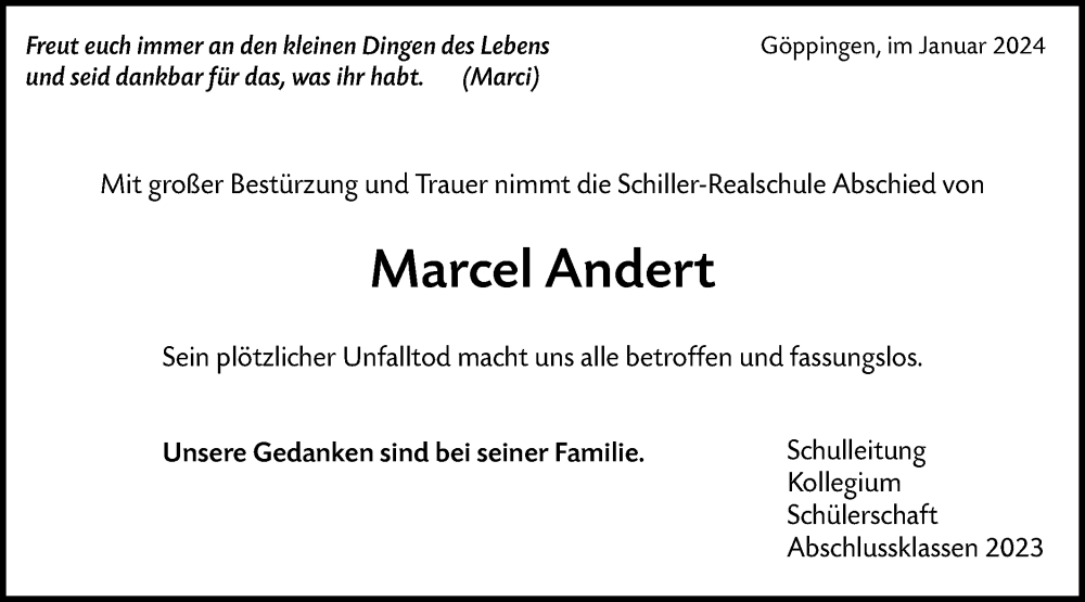 Traueranzeige für Marcel Andert vom 01.02.2024 aus NWZ Neue Württembergische Zeitung