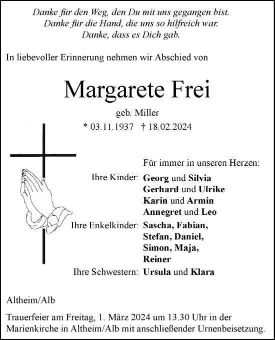 Traueranzeige von Margarete Frei von SÜDWEST PRESSE Ausgabe Ulm/Neu-Ulm