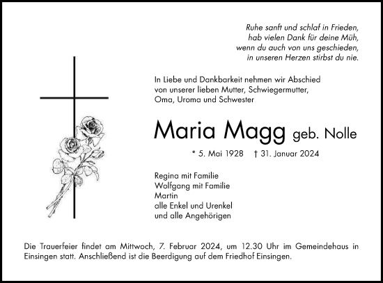 Traueranzeige von Maria Magg von SÜDWEST PRESSE Ausgabe Ulm/Neu-Ulm