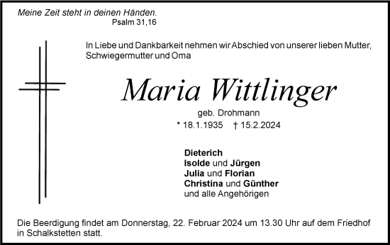 Traueranzeige von Maria Wittlinger von Geislinger Zeitung