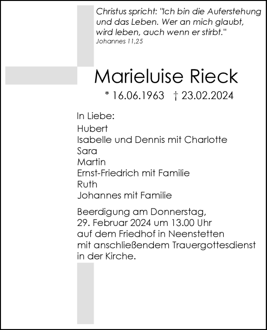 Traueranzeige von Marieluise Rieck von SÜDWEST PRESSE Ausgabe Ulm/Neu-Ulm