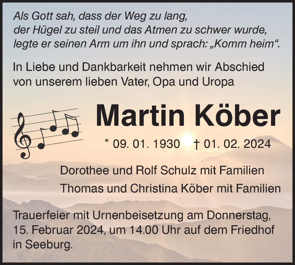  Traueranzeige für Martin Köber vom 12.02.2024 aus Alb-Bote/Metzinger-Uracher Volksblatt