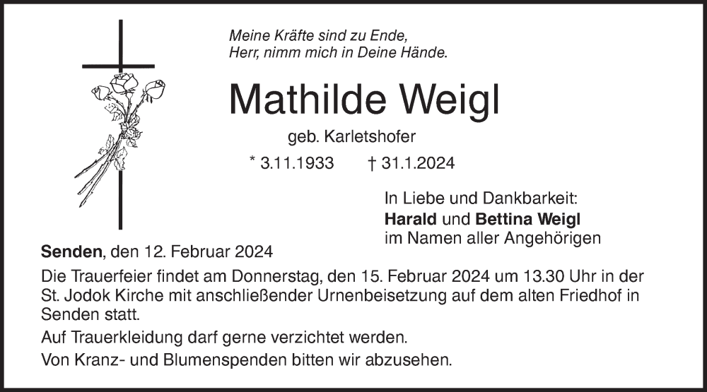  Traueranzeige für Mathilde Weigl vom 12.02.2024 aus SÜDWEST PRESSE Ausgabe Ulm/Neu-Ulm