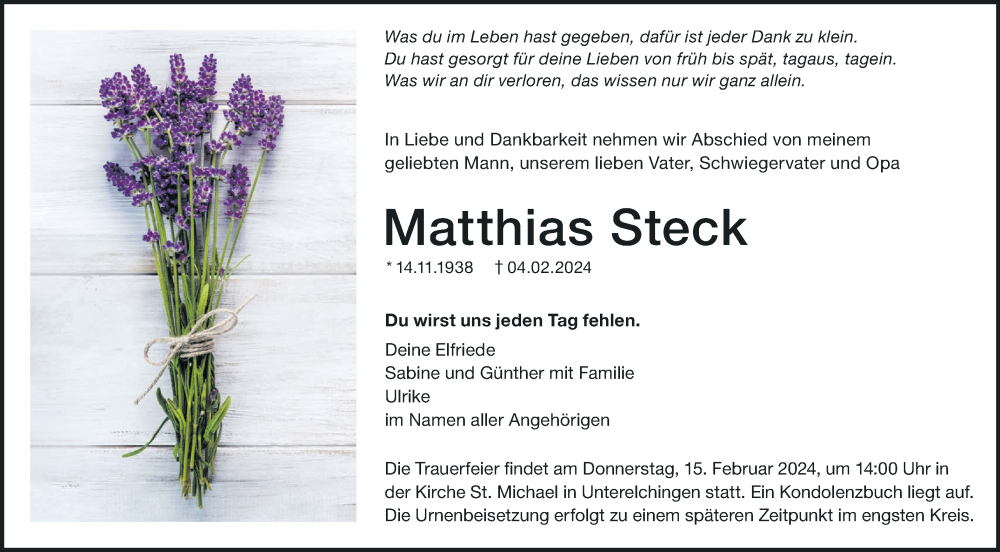  Traueranzeige für Matthias Steck vom 10.02.2024 aus SÜDWEST PRESSE Ausgabe Ulm/Neu-Ulm