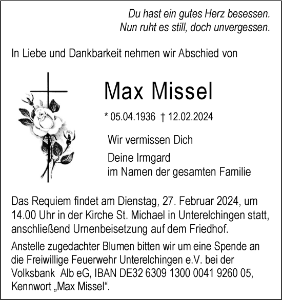 Traueranzeige von Max Missel von SÜDWEST PRESSE Ausgabe Ulm/Neu-Ulm