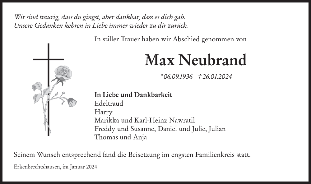  Traueranzeige für Max Neubrand vom 10.02.2024 aus Hohenloher Tagblatt
