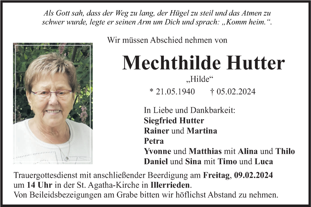  Traueranzeige für Mechthilde Hutter vom 07.02.2024 aus SÜDWEST PRESSE Ausgabe Ulm/Neu-Ulm