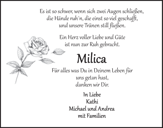 Traueranzeige von Milica  von Ehinger Tagblatt