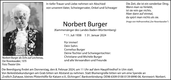 Traueranzeige von Norbert Burger von SÜDWEST PRESSE Ausgabe Ulm/Neu-Ulm