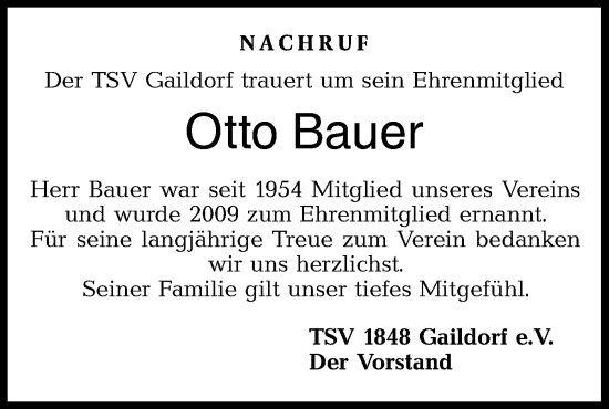Traueranzeige von Otto Bauer von Rundschau Gaildorf