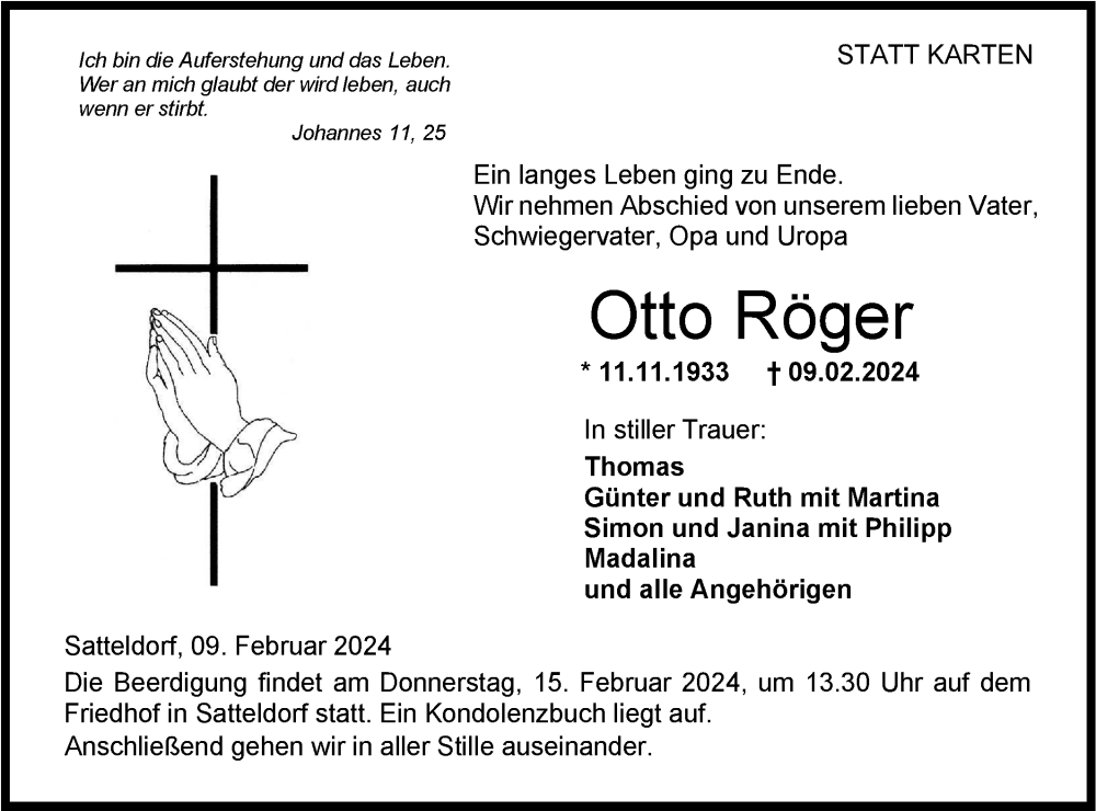  Traueranzeige für Otto Röger vom 13.02.2024 aus Hohenloher Tagblatt