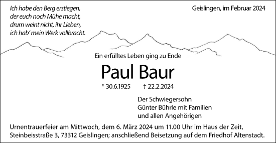 Traueranzeige von Paul Baur von Geislinger Zeitung