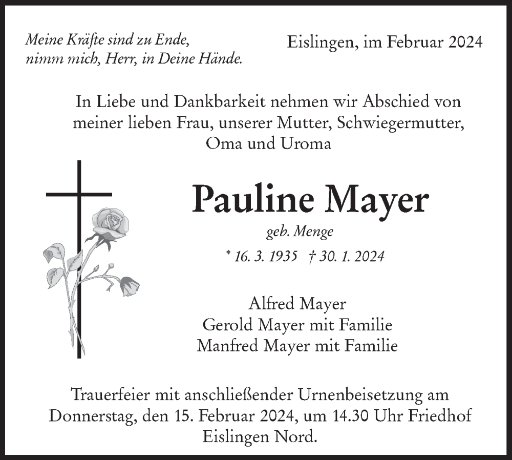  Traueranzeige für Pauline Mayer vom 10.02.2024 aus NWZ Neue Württembergische Zeitung