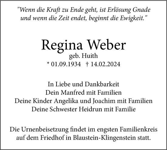 Traueranzeige von Regina Weber von SÜDWEST PRESSE Ausgabe Ulm/Neu-Ulm