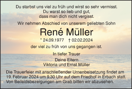 Traueranzeige von Rene Müller von SÜDWEST PRESSE Ausgabe Ulm/Neu-Ulm