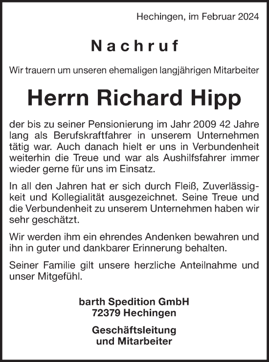 Traueranzeige von Richard Hipp von Hohenzollerische Zeitung
