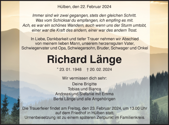 Traueranzeige von Richard Länge von Alb-Bote/Metzinger-Uracher Volksblatt