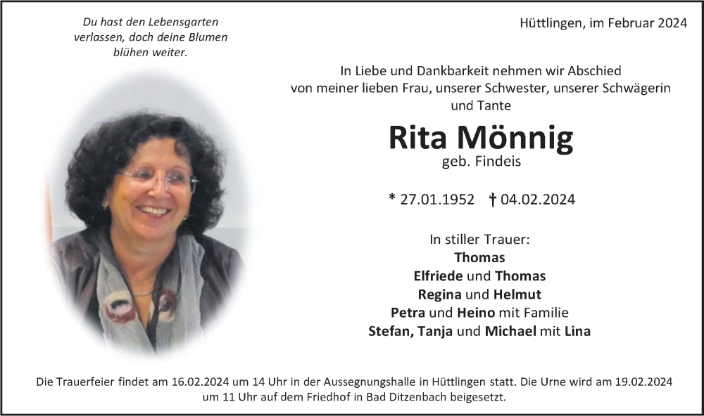  Traueranzeige für Rita Mönnig vom 10.02.2024 aus Geislinger Zeitung