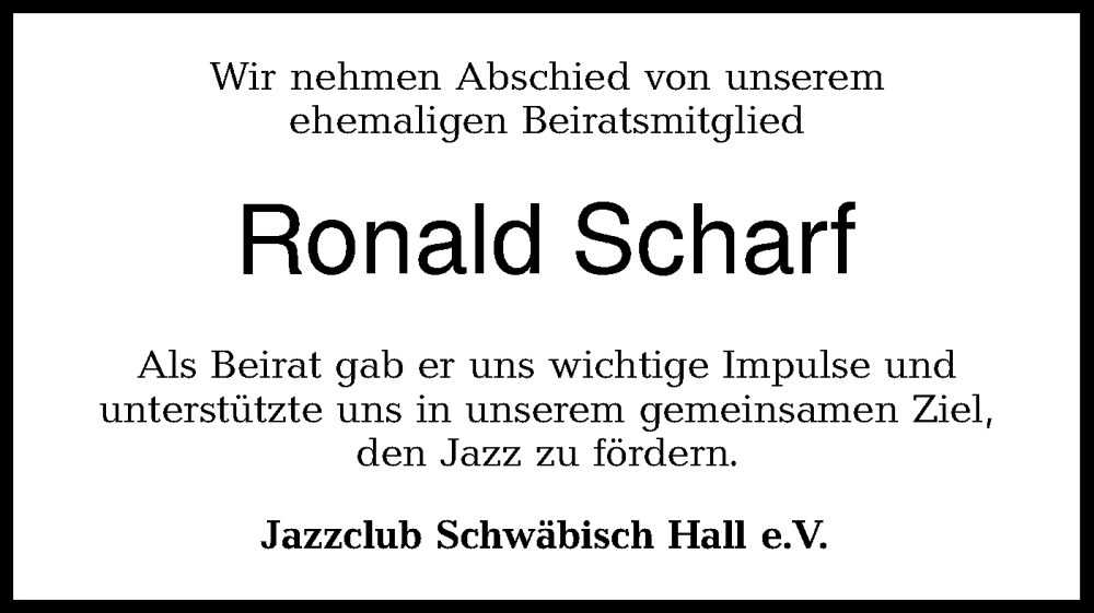  Traueranzeige für Ronald Scharf vom 20.02.2024 aus Haller Tagblatt